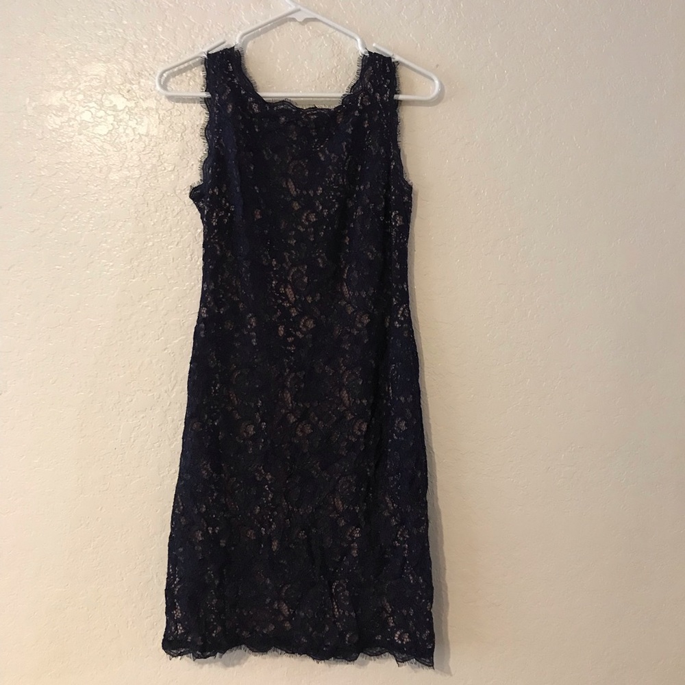 Beautiful lace navy blue Adrianna Papell dress. Perfect for a wedding.
